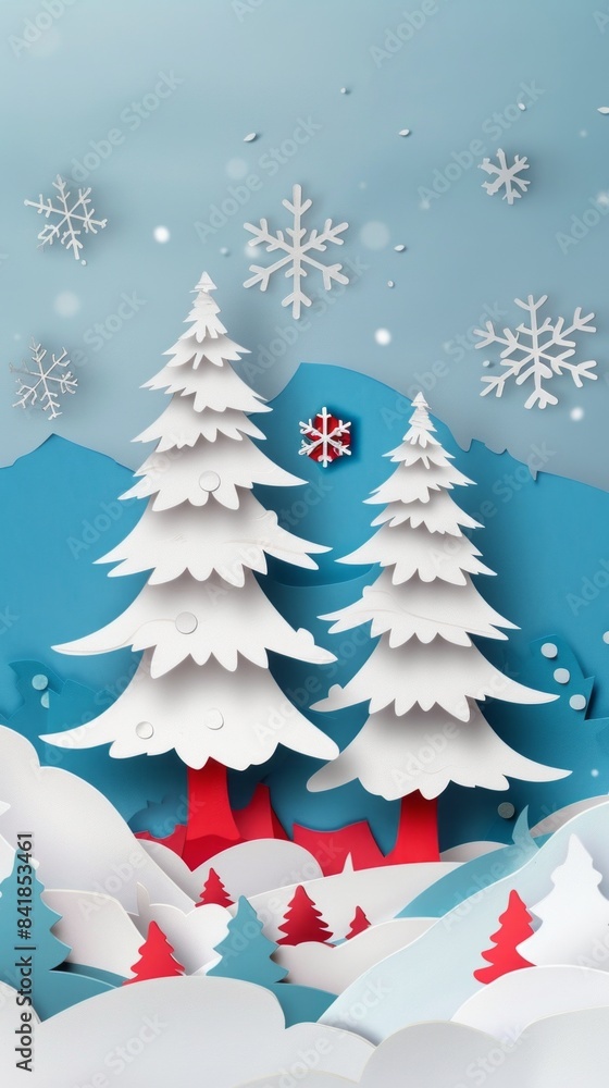 A paper-cut design showcases a snowy forest and fir trees, capturing the spirit of New Year and Merry Christmas with its enchanting wintry landscape and festive ambiance A paper-cut design showcases a snowy forest and fir trees, capturing the spirit of New Year and Merry Christmas with its enchanting wintry landscape and festive ambiance
