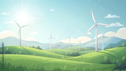 Green field with wind turbines, sustainable electricity generation, bright and eco-friendly energy concept