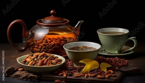 Teapot  cups  dry tea  and leaves on white grunge backdrop for exquisite tea display