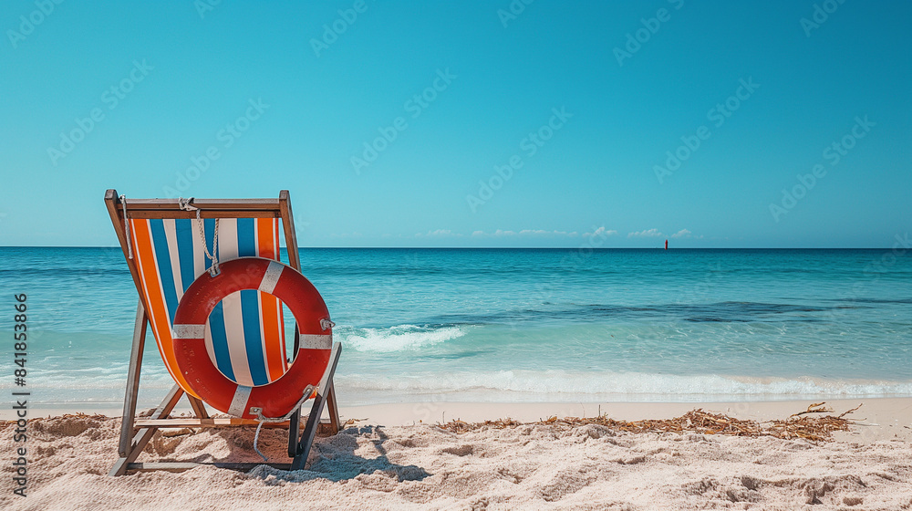 beach setting with a multicolored striped deck chair positioned on a sandy shore. Adjacent to the chair is a lifebuoy, prominently displaying alternating red and white stripes beach setting with a multicolored striped deck chair positioned on a sandy shore. Adjacent to the chair is a lifebuoy, prominently displaying alternating red and white stripes