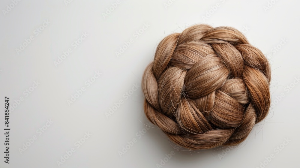 Overhead shot of intricate bun braiding, blank space for text, soft white backdrop, perfect for promotional use. Clean and simple aesthetic Overhead shot of intricate bun braiding, blank space for text, soft white backdrop, perfect for promotional use. Clean and simple aesthetic