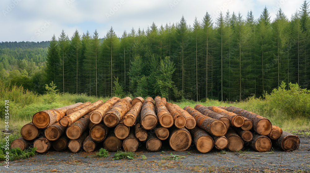 Timber Harvest: Stacked Tree Trunks on Forest Periphery