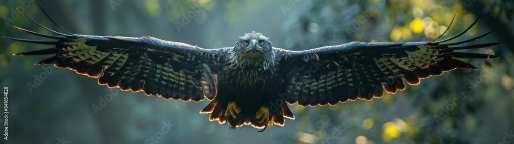 The harpy eagle, with its keen eyes, soars above the forest, scanning