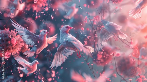 white birds flying in a field of pink flowers  © Naphatson