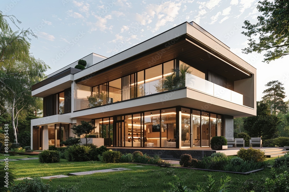 Luxury modern house with a spacious lawn and large windows, perfect for a family in a suburban area Luxury modern house with a spacious lawn and large windows, perfect for a family in a suburban area