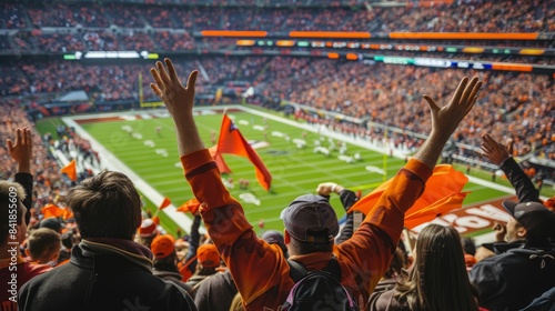 A packed stadium of college football fans cheers on their team during a game. The energy is palpable with fans waving flags and cheering with excitement