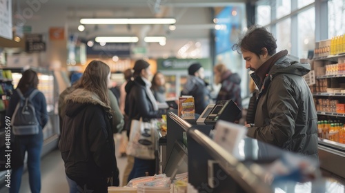 A line of shoppers wait patiently to pay for their purchases at a store cashier. The cashier is out of focus, leaving copyspace on the left side of the image photo