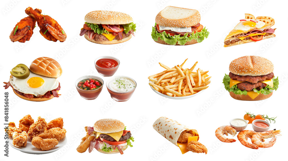 Collection set of various fast food products burger, hot dog, french fries, nugget, sausage isolated on white background Collection set of various fast food products burger, hot dog, french fries, nugget, sausage isolated on white background