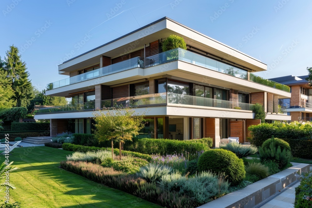 Modern Residential Building with Spacious Balcony and Elegant Garden | Exterior Architecture Photography Modern Residential Building with Spacious Balcony and Elegant Garden | Exterior Architecture Photography
