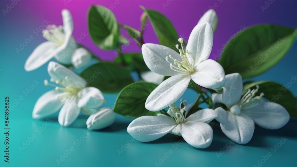 Fototapeta premium A bouquet of white Jasmine flowers with green leaves on a blue background.