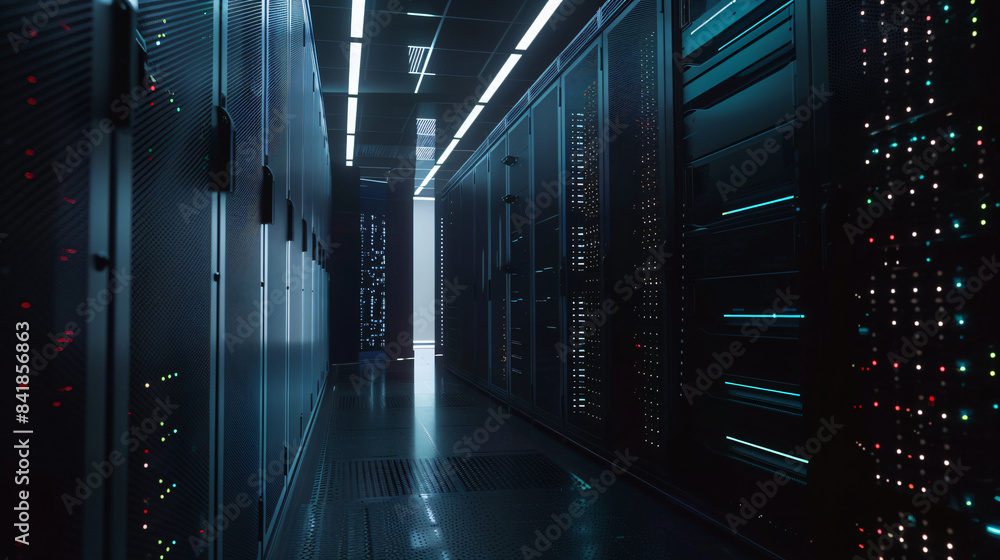 Fototapeta premium Multiple rows dark monochrome server room data center operational server racks telecommunications, cloud computing, artificial intelligence, database, super computer technology