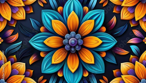 A vibrant, intricate floral design with blue and orange petals, featuring a symmetrical pattern that radiates a sense of harmony and balance