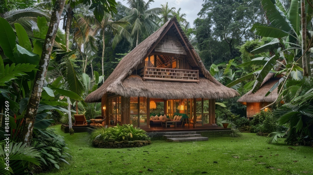 photographed in the style Photography of A cozy bungalow with a thatched roof nestled in the tropical jungle of Sumatra photographed in the style Photography of A cozy bungalow with a thatched roof nestled in the tropical jungle of Sumatra
