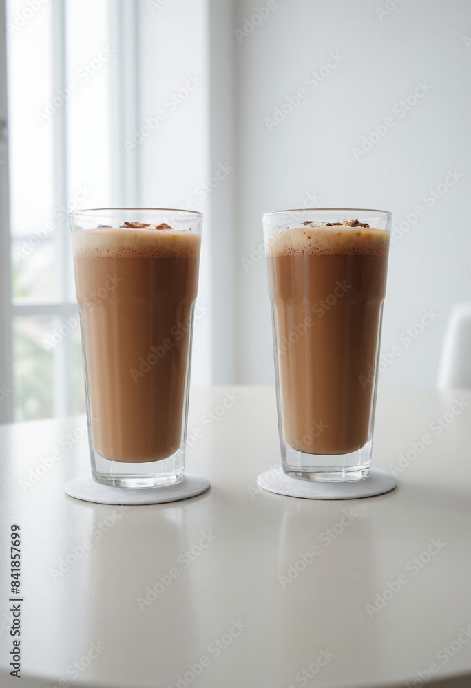 2 delicious looking cold coffee placed on each side of the table in front , parallel to each other , safe distance between both the glasses, front view 2 delicious looking cold coffee placed on each side of the table in front , parallel to each other , safe distance between both the glasses, front view