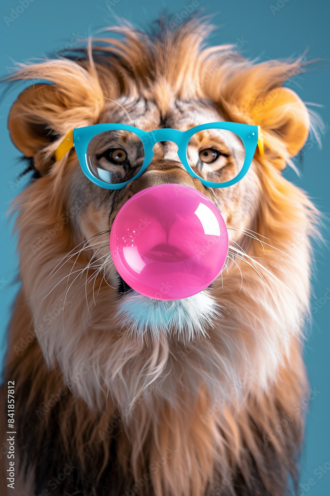 Naklejka premium Portrait of a cute lion blowing bubble gum