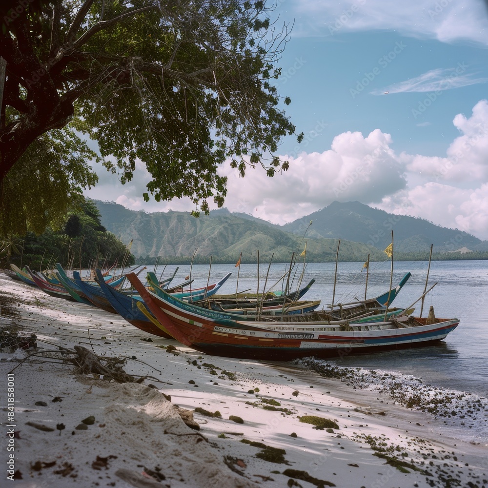 Serene Scene of Traditional Fishing Boats on Indonesian Sandy Beach