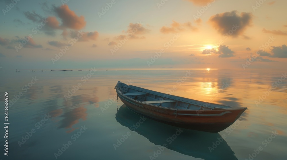 Serene Sunrise Moment: Traditional Indonesian Wooden Boat on Calm Sea