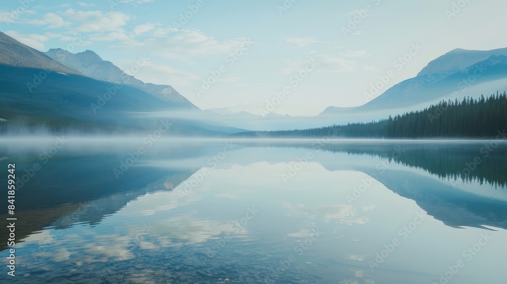 Fototapeta premium Tranquil Morning Reflections: Serene Mountain Lake at Dawn