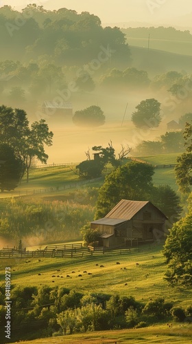 Serene Morning Bliss: Tranquil Countryside Landscape with Farmhouse and Misty Atmosphere