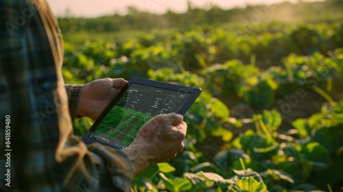 A farmer uses a tablet to analyze crop data collected by a drone, optimizing irrigation and fertilization for maximum yield. The screen displays data visualizations and charts.