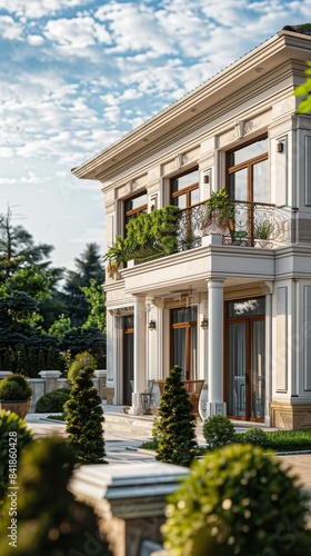Architectural Elegance: Luxury Villa with Expansive Balcony and Lush Gardens © kittipoj