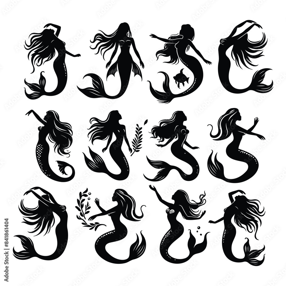 Vector Mermaid Silhouettes Sublimation collection in different pose on white background. Vector Mermaid Silhouettes Sublimation collection in different pose on white background.