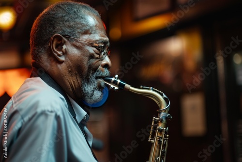 An African American jazz musician playing the saxophone in a jazz club  immersed in the cultural history of the genre.