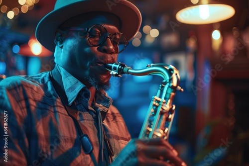An African American jazz musician playing the saxophone in a jazz club, immersed in the cultural history of the genre.