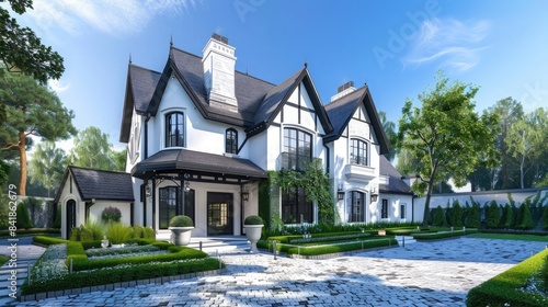 3d rendering of cute cozy white and black modern Tudor