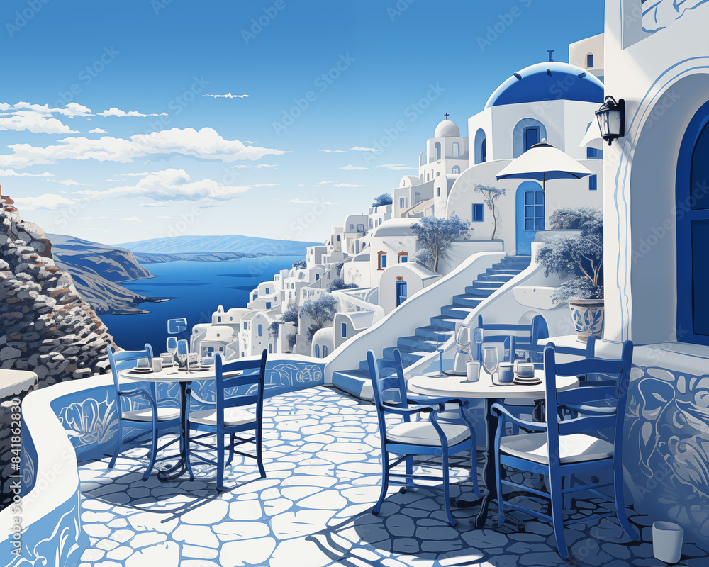 Obraz premium a taverna or cafe on a terrace in Santorini with a scenic view of Oia town high above the cliffs and coast of the mediterranean sea, aegean, Greece 