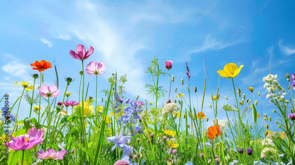Vibrant spring meadow dotted with soft pastel flowers under a clear blue sky Vibrant spring meadow dotted with soft pastel flowers under a clear blue sky