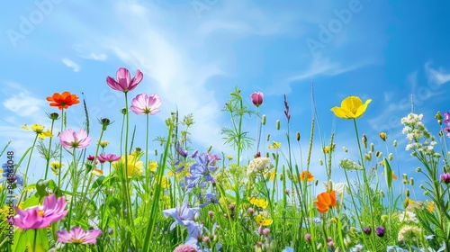 Vibrant spring meadow dotted with soft pastel flowers under a clear blue sky