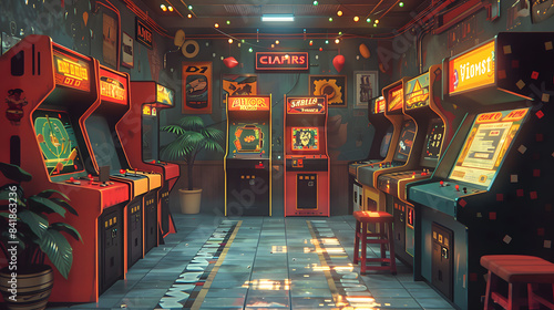 A cozy retro arcade room featuring classic game cabinets, vintage decor, and warm lighting, creating a nostalgic gaming atmosphere