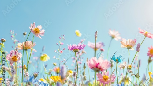 Vibrant spring meadow dotted with soft pastel flowers under a clear blue sky