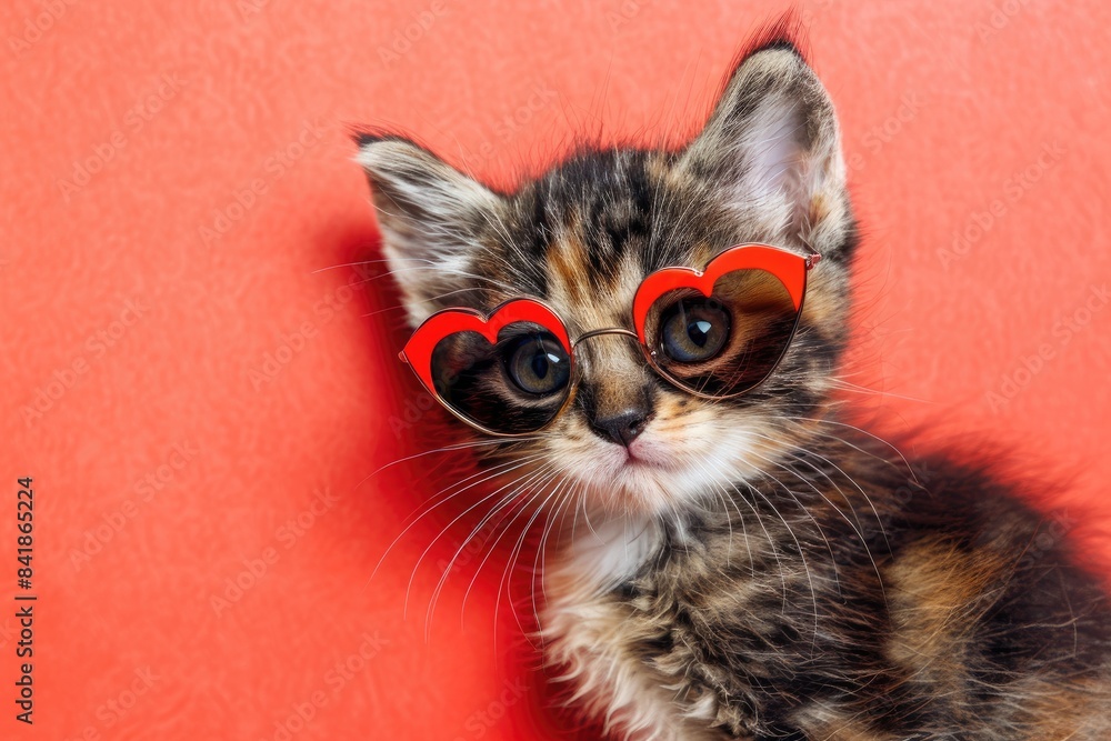 Charming kitten wearing heart-shaped sunglasses, sitting on a coral background, with detailed fur and an innocent expression
