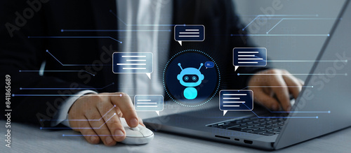 Virtual assistant, artificial intelligence Bot and CRM software automation technology. Chat with AI.Customer person using chat service to get support.Online support Chatbot conversation.