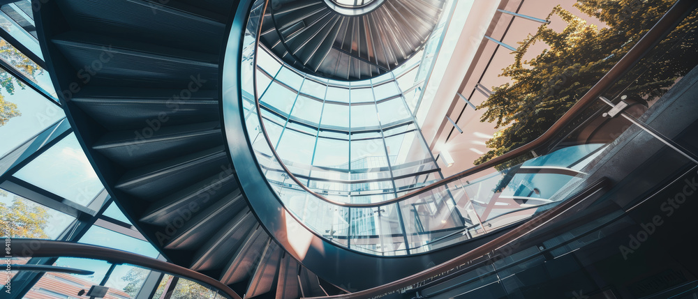 Obraz premium An artistic upward shot of a spiral staircase with sleek, modern architecture, showcasing the geometric precision and creative design under natural sunlight.