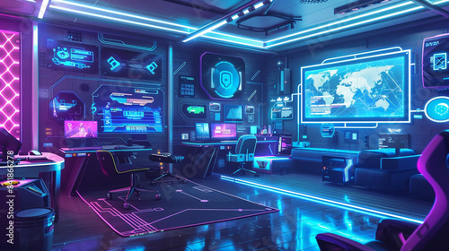 Wallpaper Mural stylish room for gamer, neon colors Torontodigital.ca