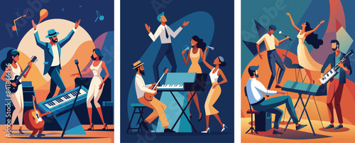 Musicians, musical instruments and dancers at a music festival. Vector trendy modern illustration of man playing synthesizer or piano, drummer with drums, guitarist with guitar, dancing couple isolate
