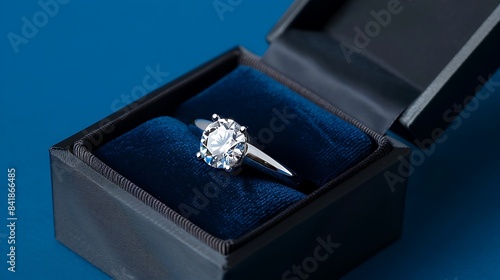 A platinum diamond ring with a design in a black jewelry box on a blue background © Robert