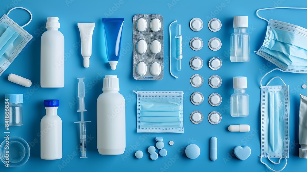 A set of medicines and masks in a blue color scheme on a blue background A set of medicines and masks in a blue color scheme on a blue background