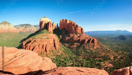 view from scenic cathedral rock in sedona with blue sky in arizona