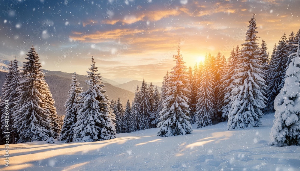 beautiful winter landscape with forest trees covered snow snowflakes and sunset