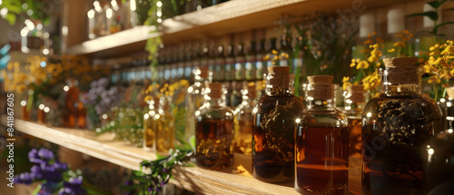 Sunlight filters through glass bottles filled with various herbs and oils  casting a warm and inviting glow in an apothecary-like setting.