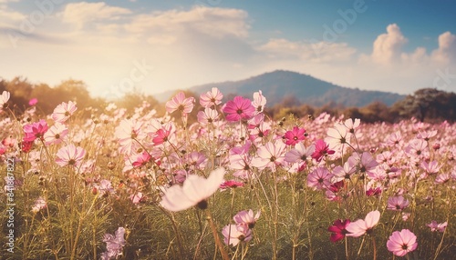 vintage landscape nature background of beautiful cosmos flower field on sky with sunlight in spring vintage color tone filter effect