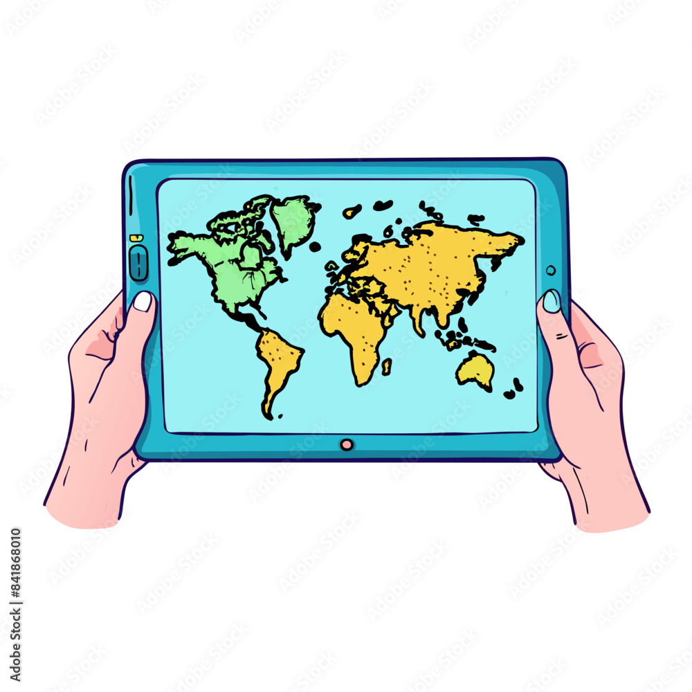 Image of world map over hands using tablet Image of world map over hands using tablet