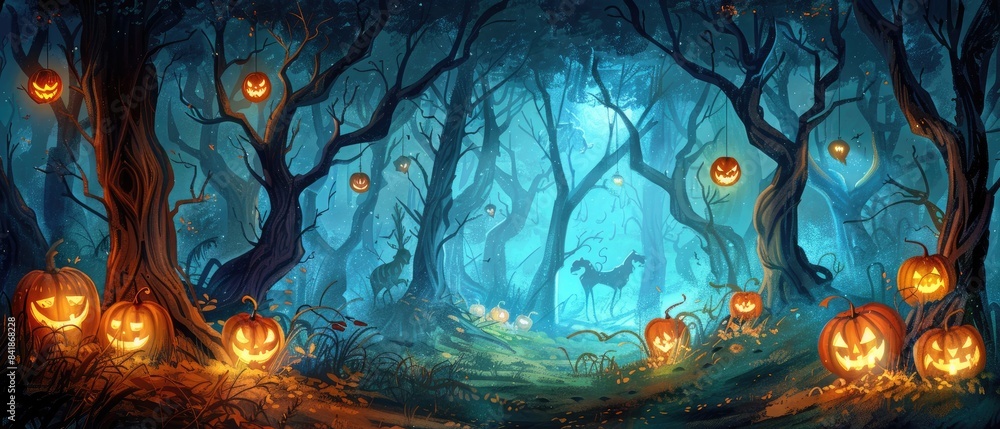 Fototapeta premium Dark forest with glowing jack o lanterns