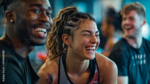 A diverse group of individuals laughs together during a lively gym session, showcasing a positive and inclusive atmosphere