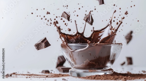 chocolate splashing out of a glass bowl. copy space