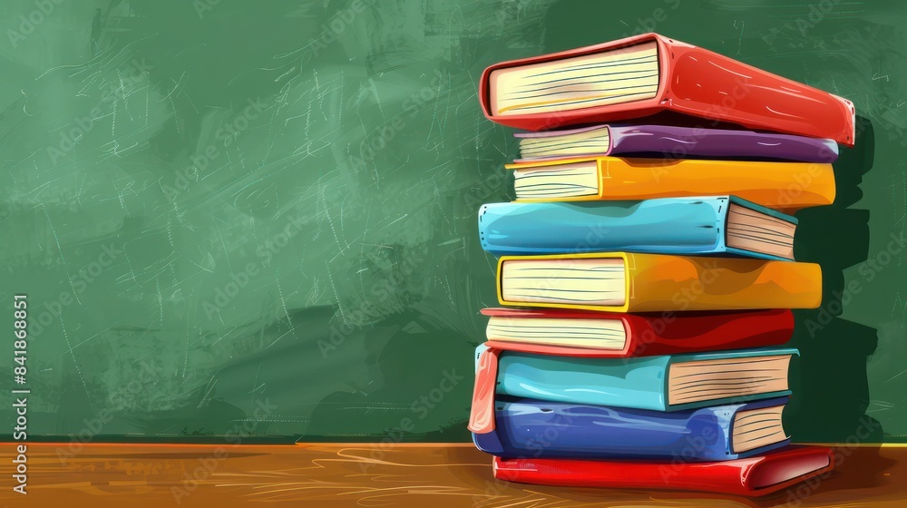 A stack of colorful textbooks illustration with a blackboard in the background corner for copy space A stack of colorful textbooks illustration with a blackboard in the background corner for copy space